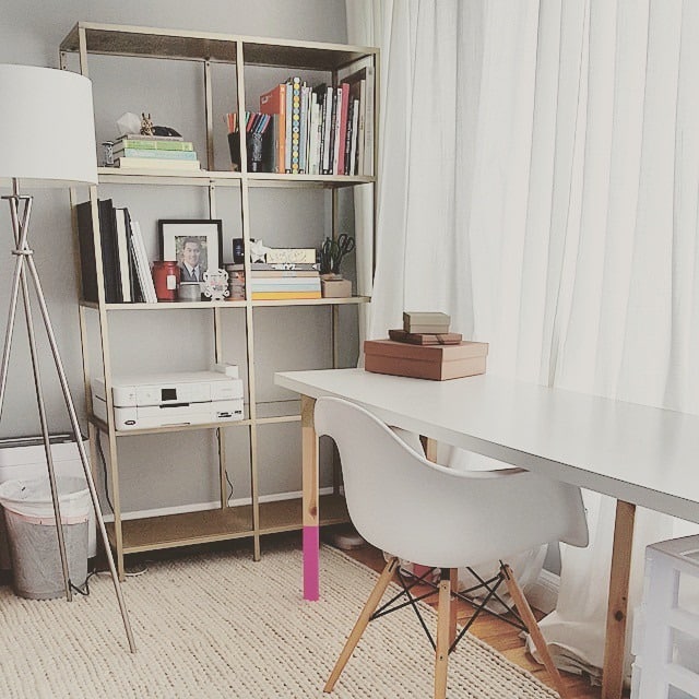 14. Minimal Living Room Office in White and Light Wood - living room office ideas