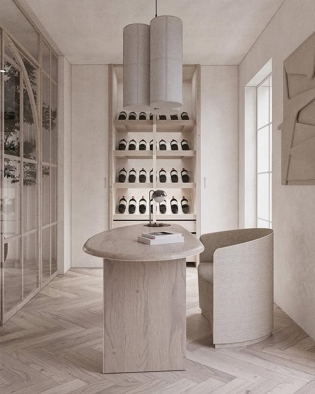 17. Sculptural Living Room Office in Stone and Pale Wood - living room office ideas