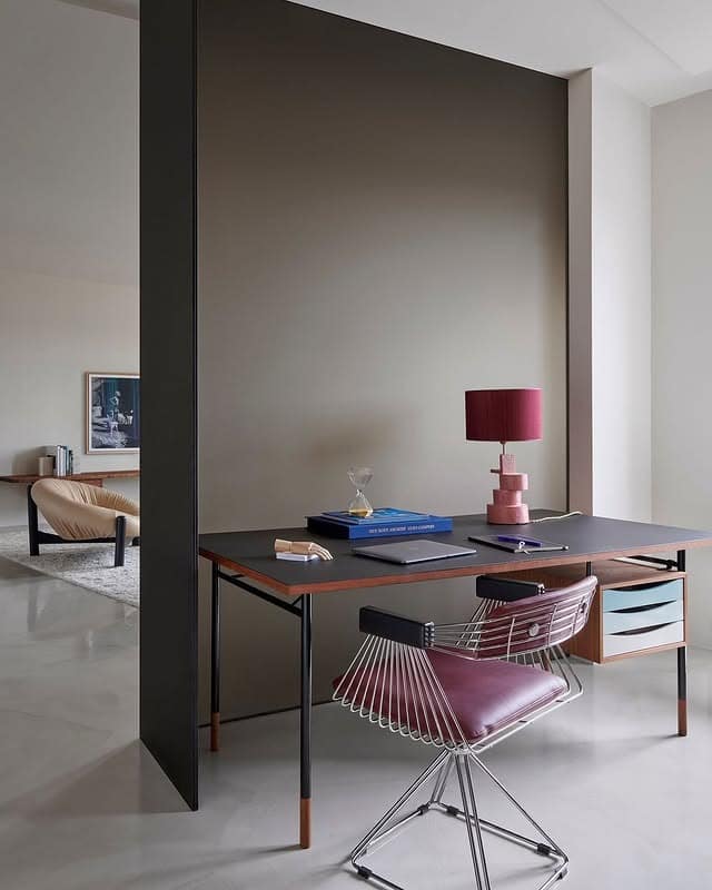 18. Modern Living Room Office in Charcoal and Burgundy - living room office ideas