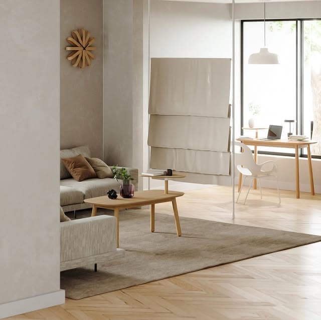 19. Soft Contemporary Living Room Office in Sand and White - living room office ideas