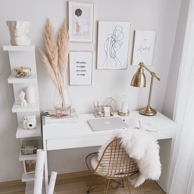 21. Soft Glam Living Room Office in White and Brass - living room office ideas