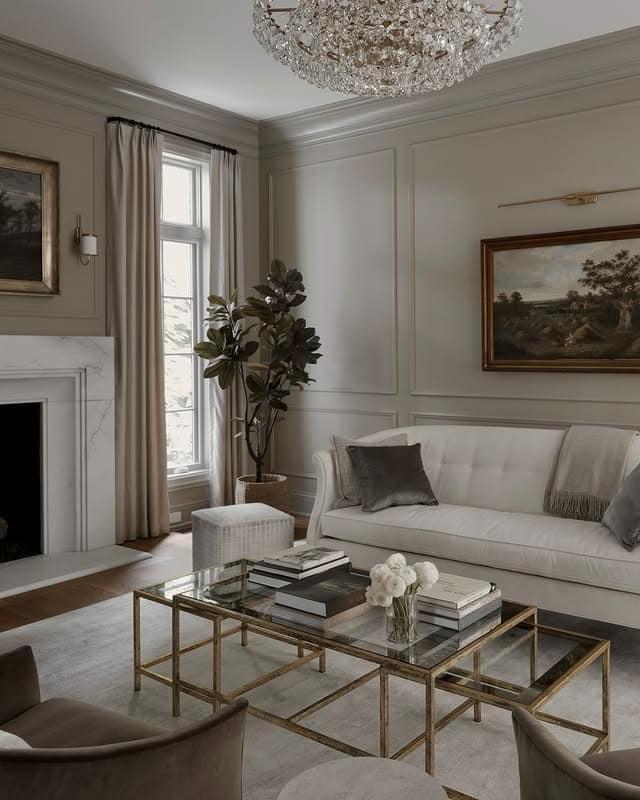1. Classic Grey Living Room with Polished Gold Accents - grey and gold living room ideas