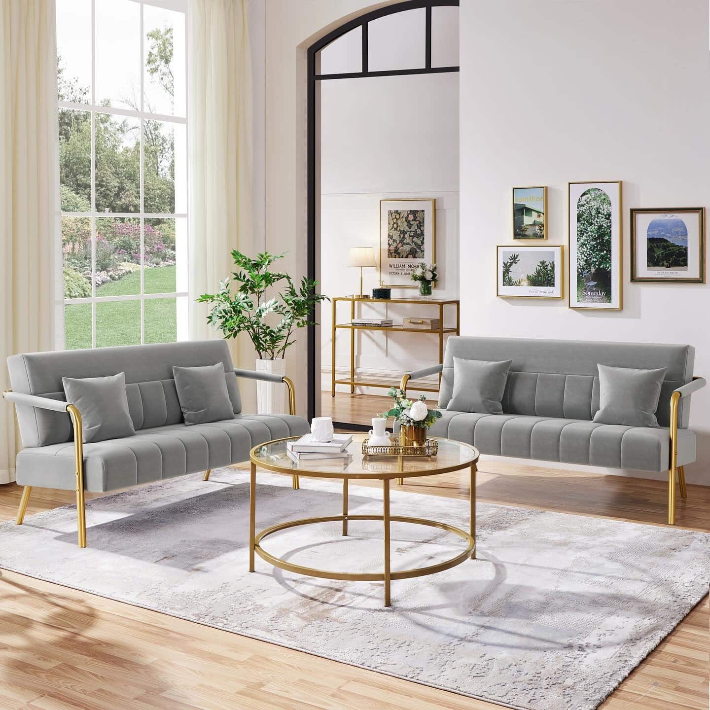 6. Contemporary Grey Seating with Gold-Framed Elegance - grey and gold living room ideas