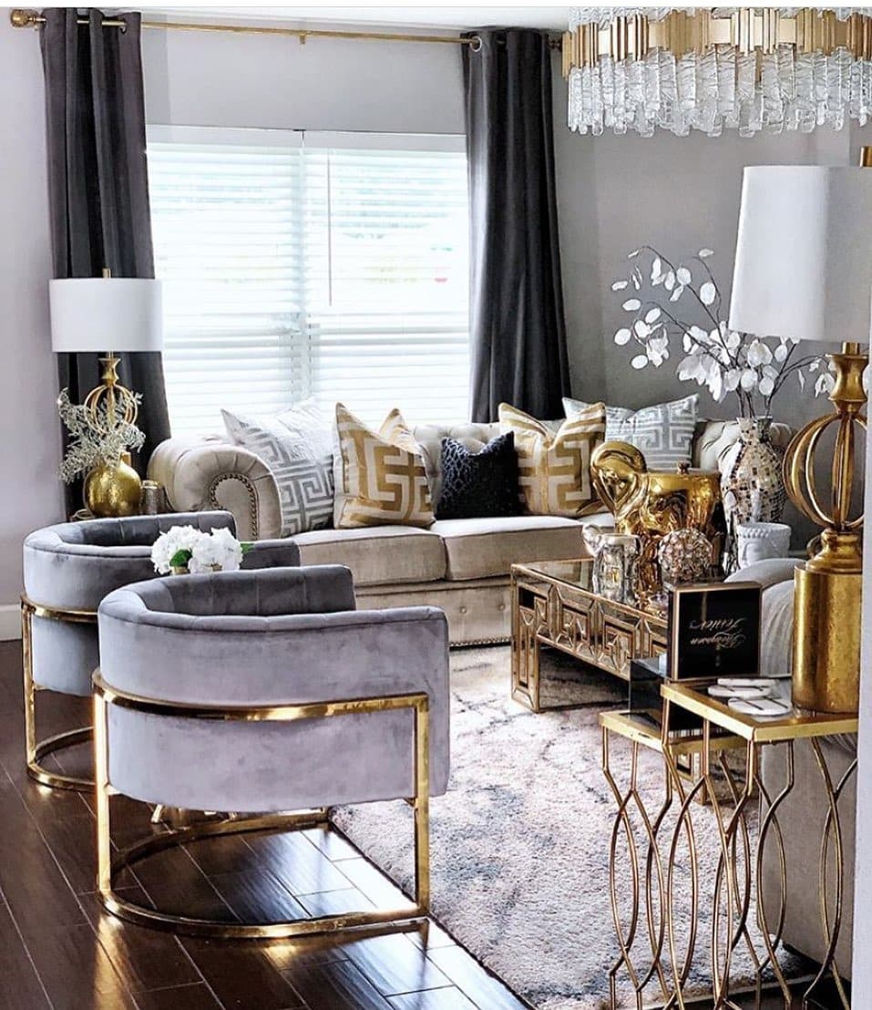 8. Glam Grey Living Room with Bold Gold Statements - grey and gold living room ideas