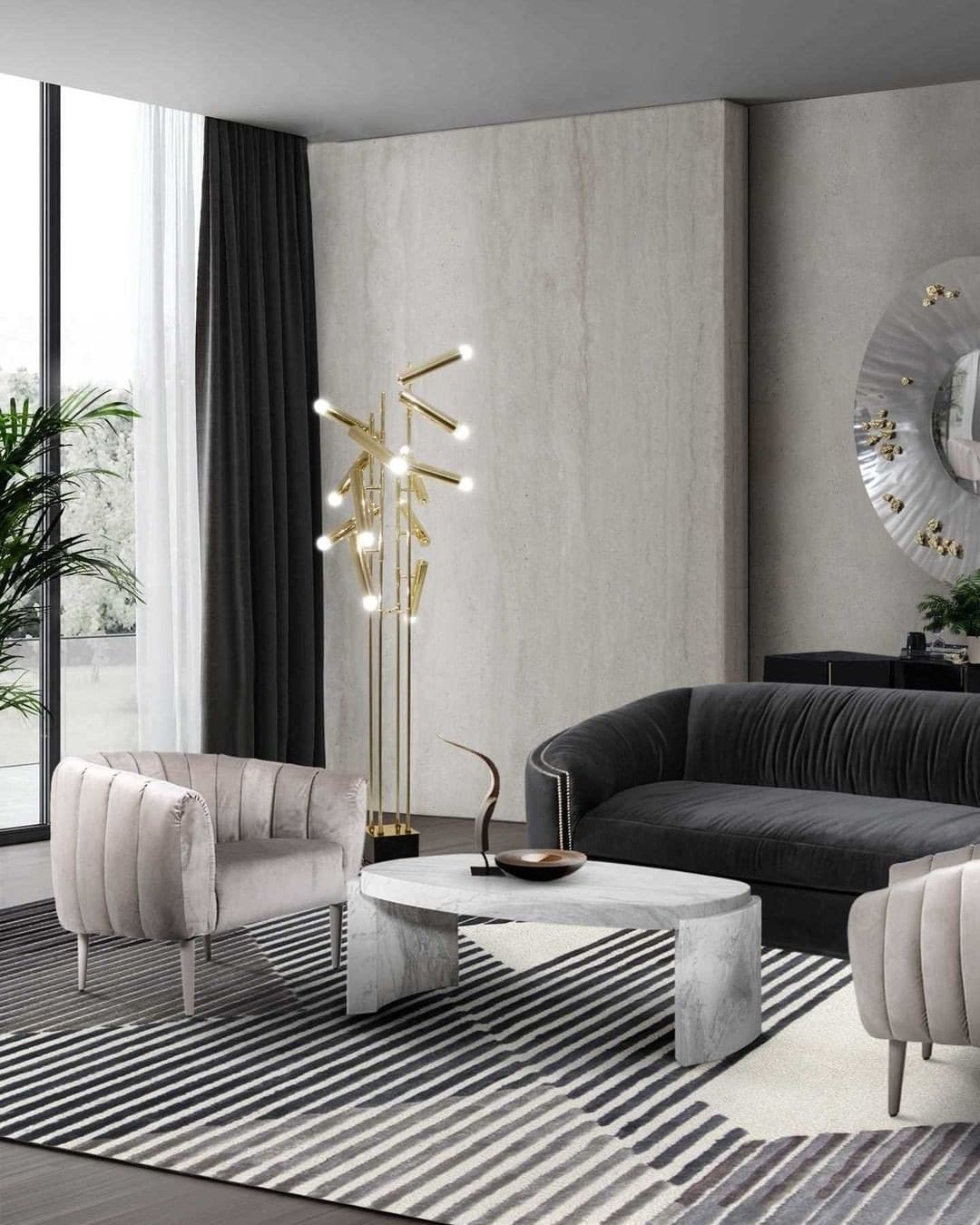 11. Modern Grey Living Room with Sculptural Gold Lighting - grey and gold living room ideas