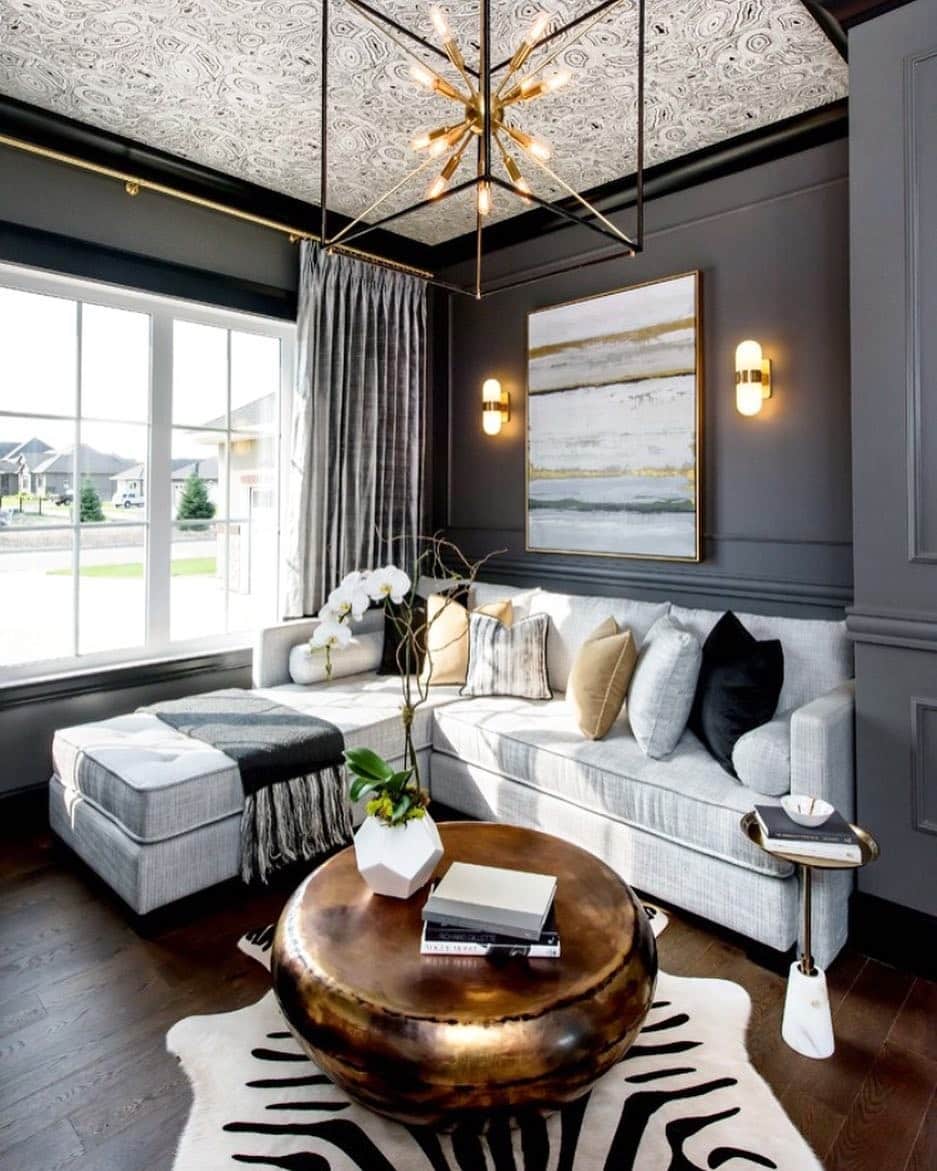 16. Moody Grey Living Room with Gold Ceiling Statement - grey and gold living room ideas