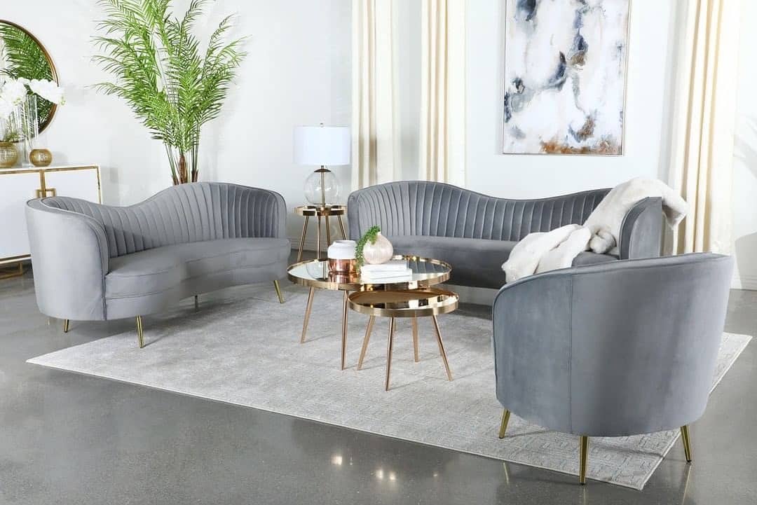 17. Soft Grey Lounge with Polished Gold Tables - grey and gold living room ideas