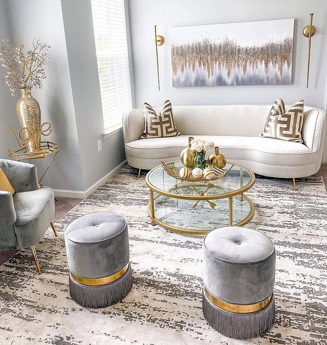 21. Soft Grey Living Room with Polished Gold Accents - grey and gold living room ideas