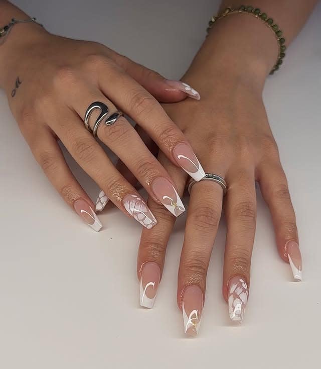 4. White Abstract French Floral Squares - medium length square nail ideas