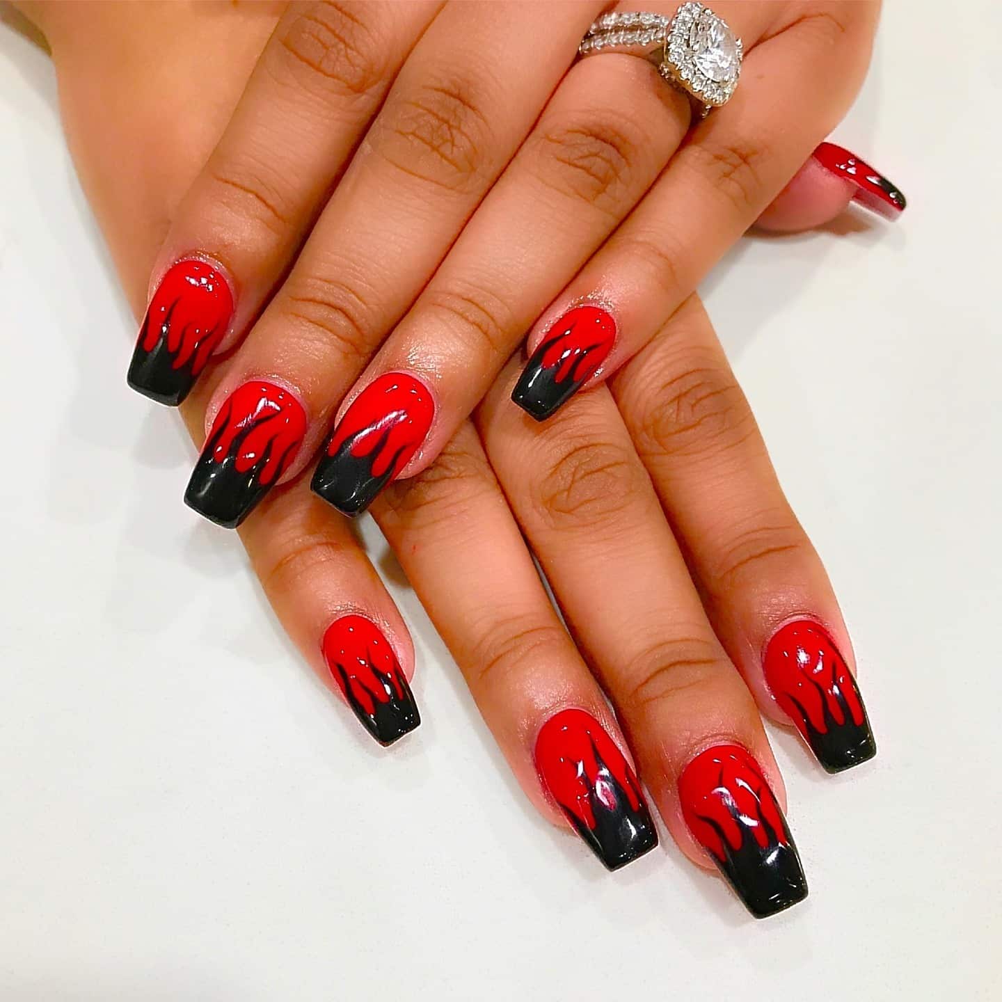 5. Red and Black Drip Square Nails - medium length square nail ideas