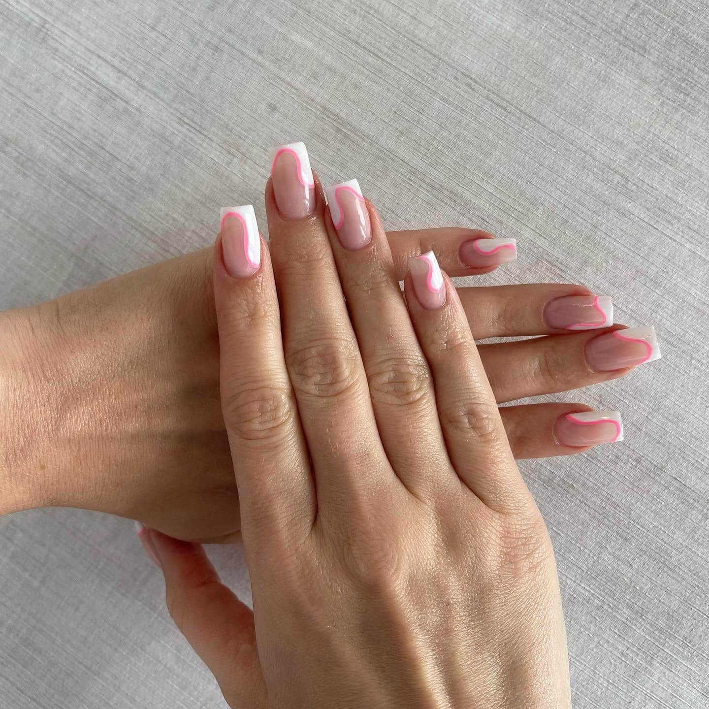 6. Pink Outline French Square Nails - medium length square nail ideas