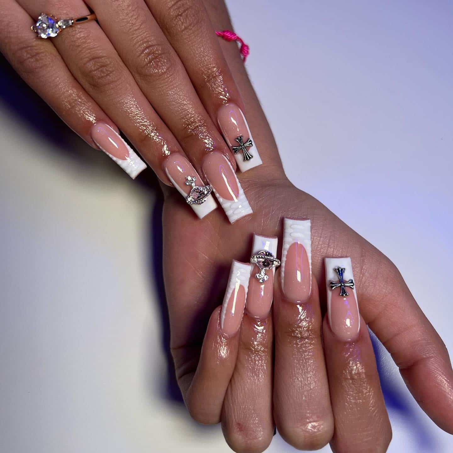 9. White French Square Nails with Cross Charms - medium length square nail ideas