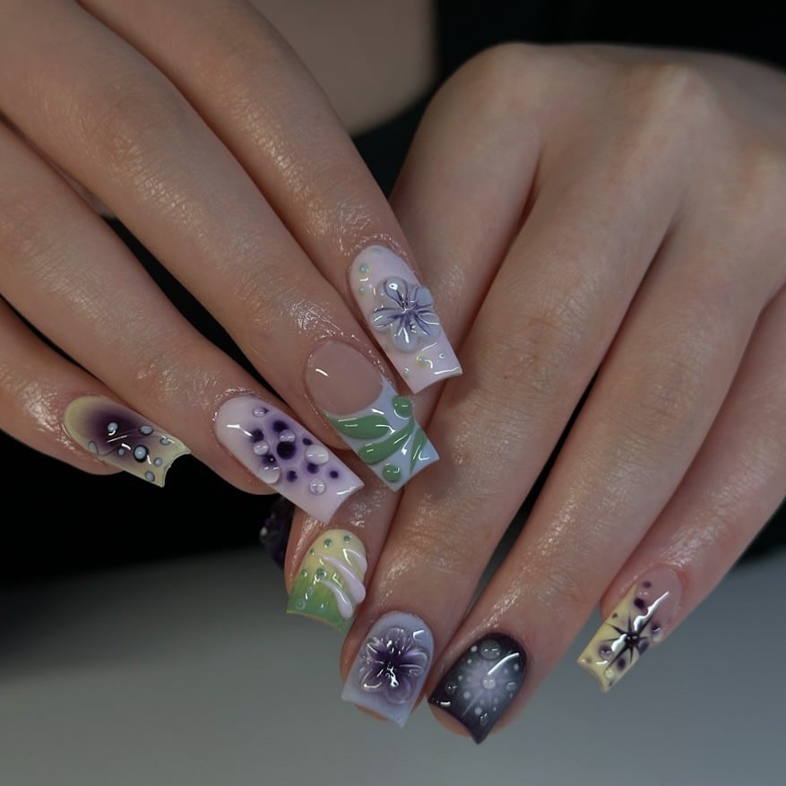 10. Pastel Floral Square Nail Art - medium length square nail ideas