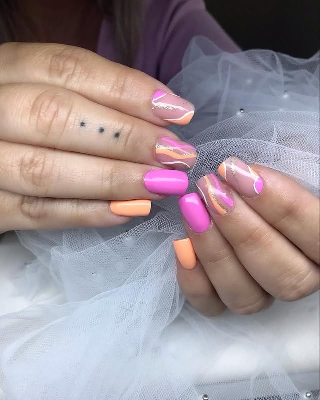 11. Pink and Peach Abstract Square Nails - medium length square nail ideas
