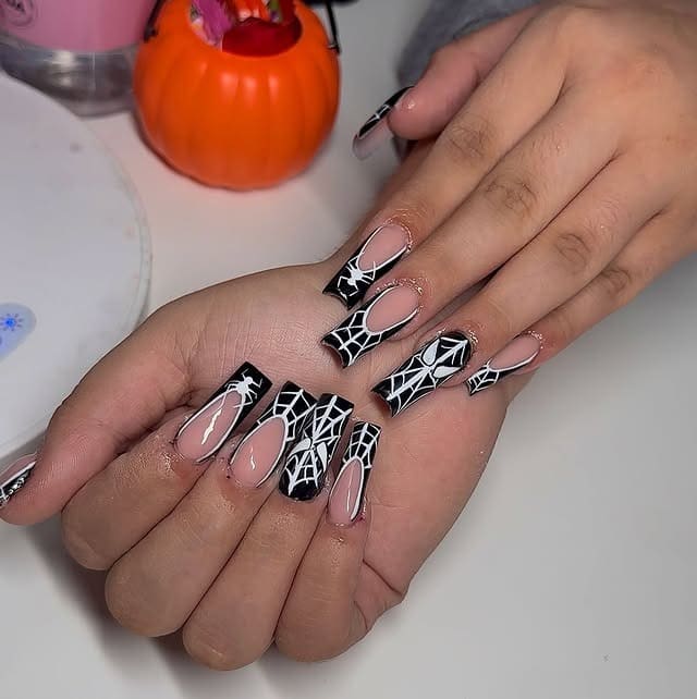 14. Black Spider Web Square Nails - medium length square nail ideas