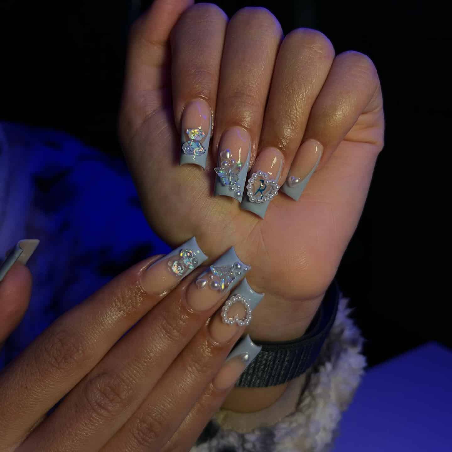 15. Blue French Square Nails with Pearl Charms - medium length square nail ideas