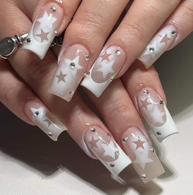 16. White Star French Square Nails - medium length square nail ideas