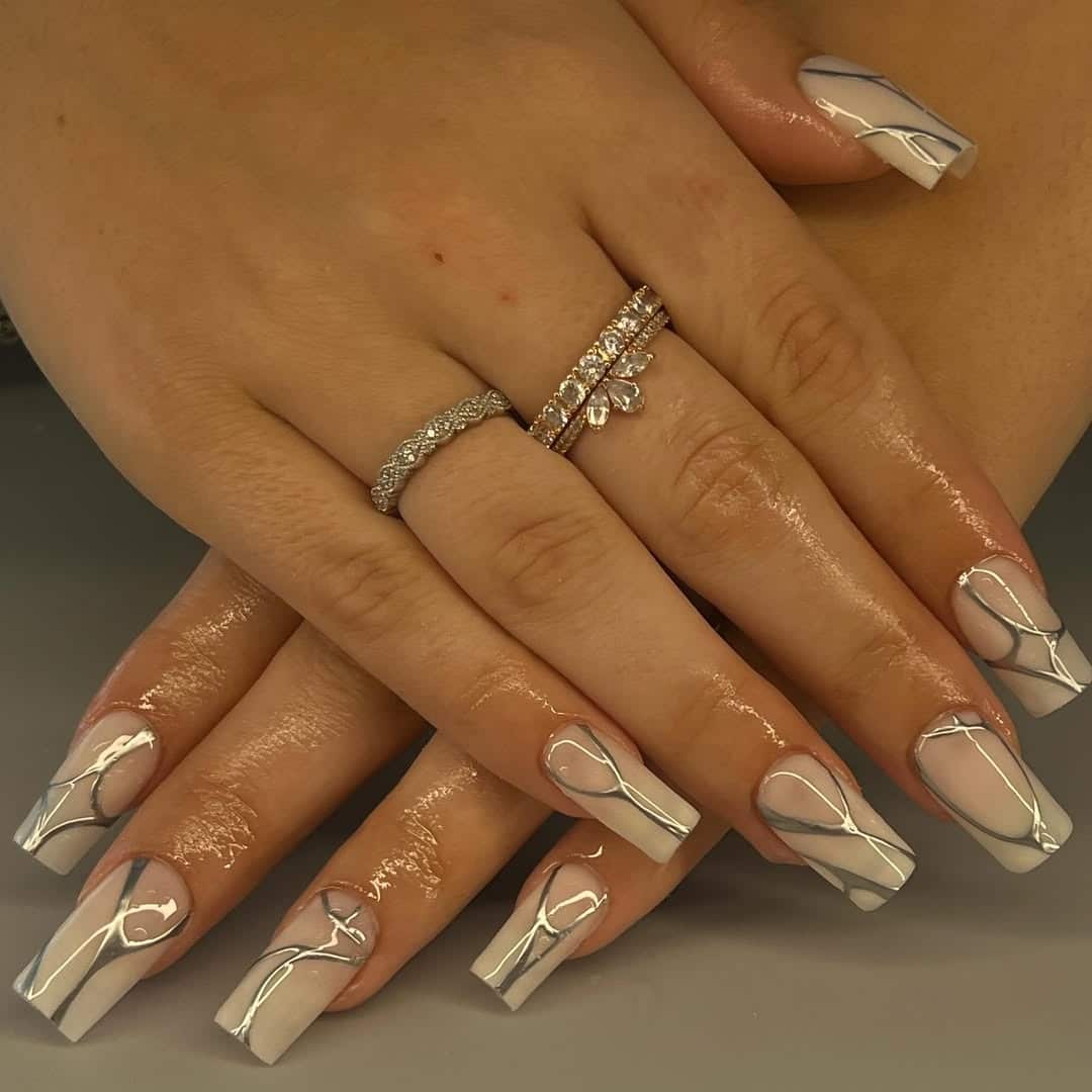 17. Neutral Chrome Line Square Nails - medium length square nail ideas
