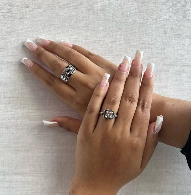 18. Classic White French Square Nails - medium length square nail ideas