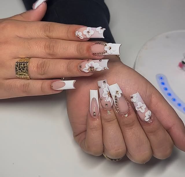 20. White Floral Embellished Square Nails - medium length square nail ideas