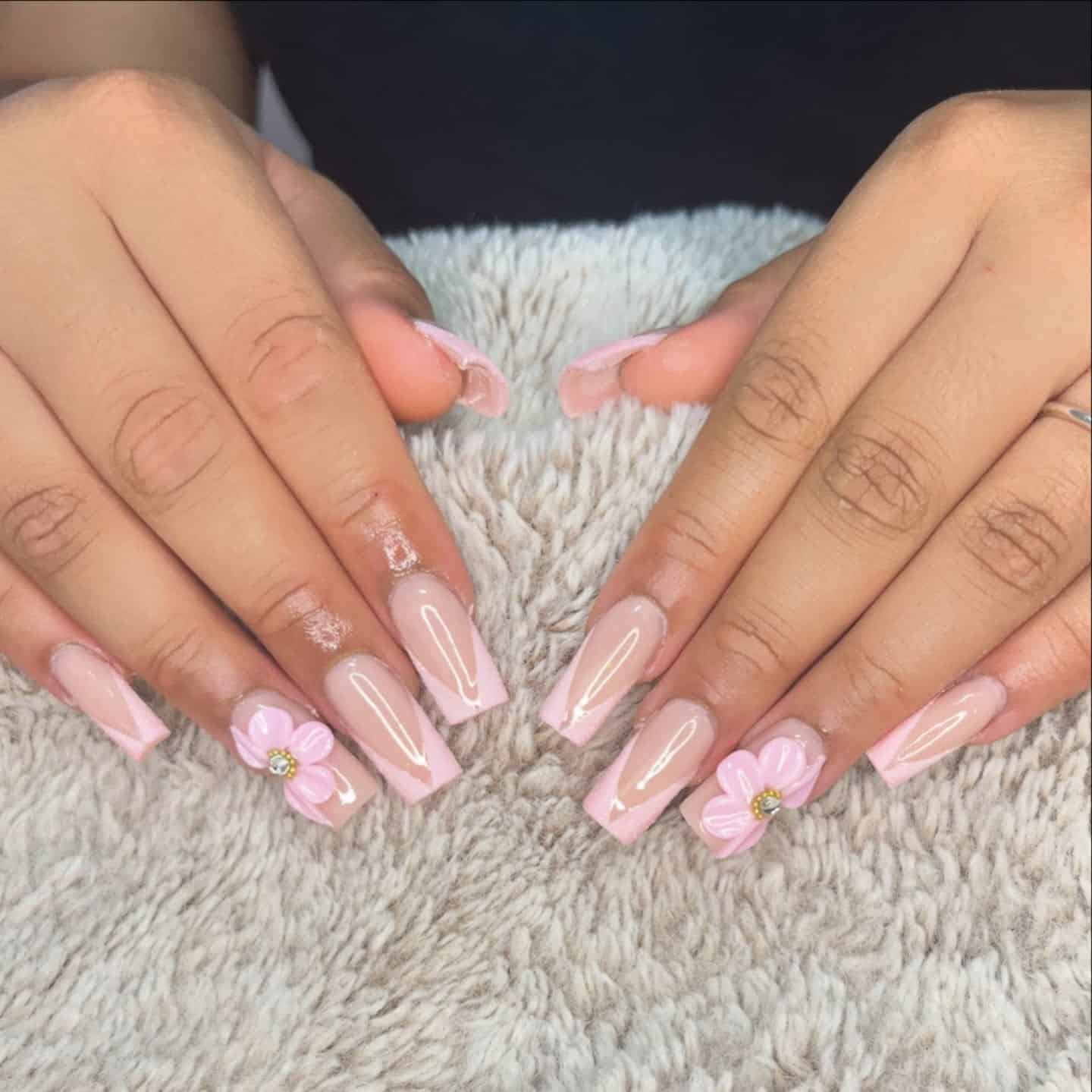 21. Soft Pink Floral Accent Square Nails - medium length square nail ideas