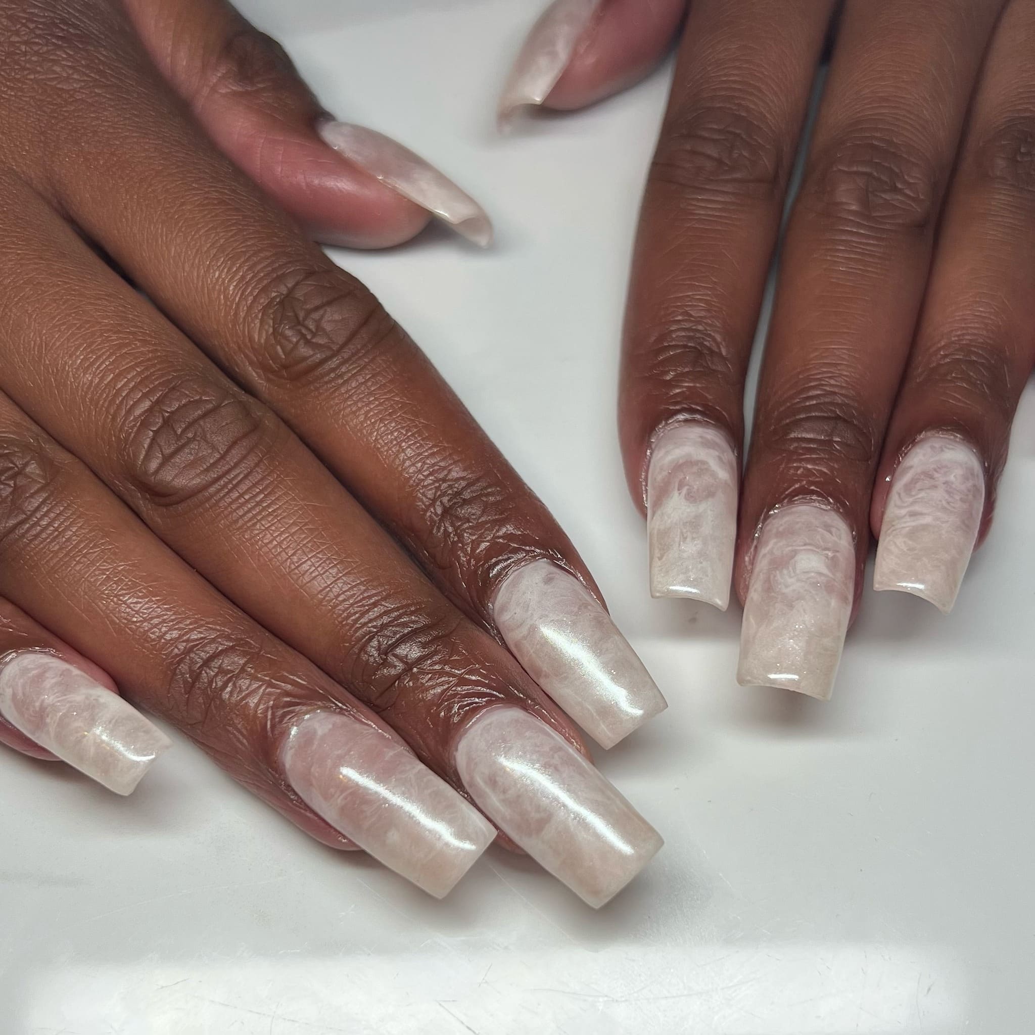 22. Milky Pearl Marble Square Nails - medium length square nail ideas