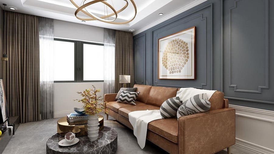 1. Modern Panelled Elegance with Warm Leather - brown leather sofa living room ideas