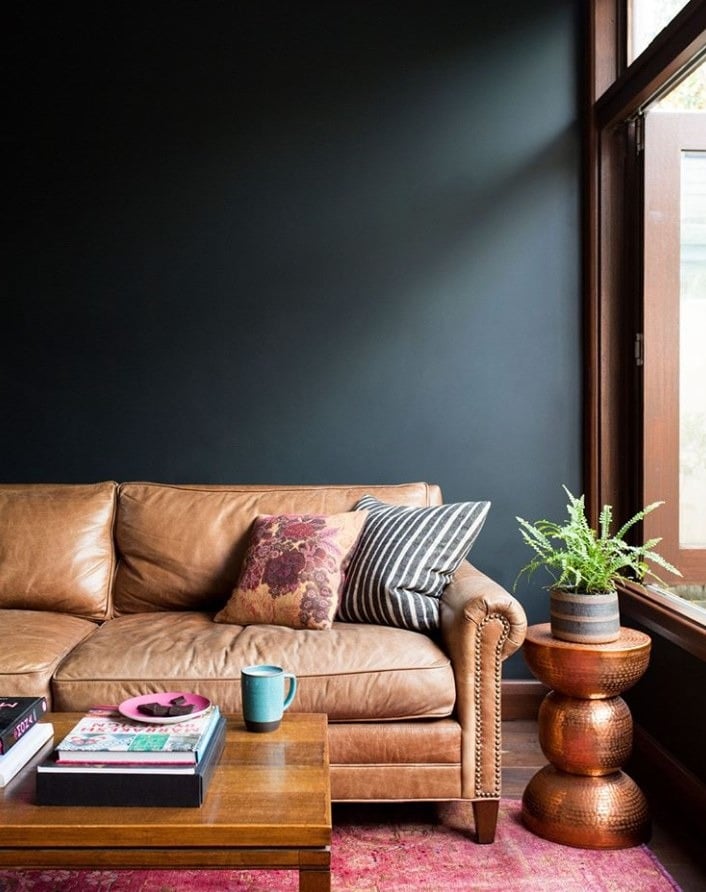 10. Dark Accent Walls with Classic Leather Appeal - brown leather sofa living room ideas