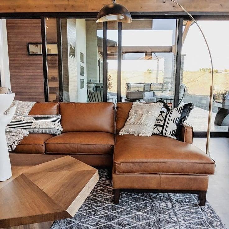 12. Warm Modern Living Room with Leather Sectional - brown leather sofa living room ideas