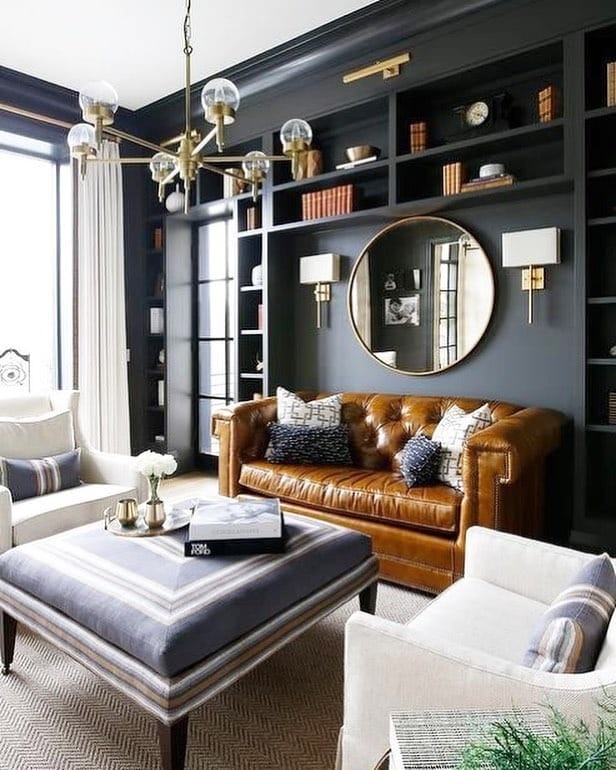 16. Sophisticated Library-Style Living Room with Leather - brown leather sofa living room ideas
