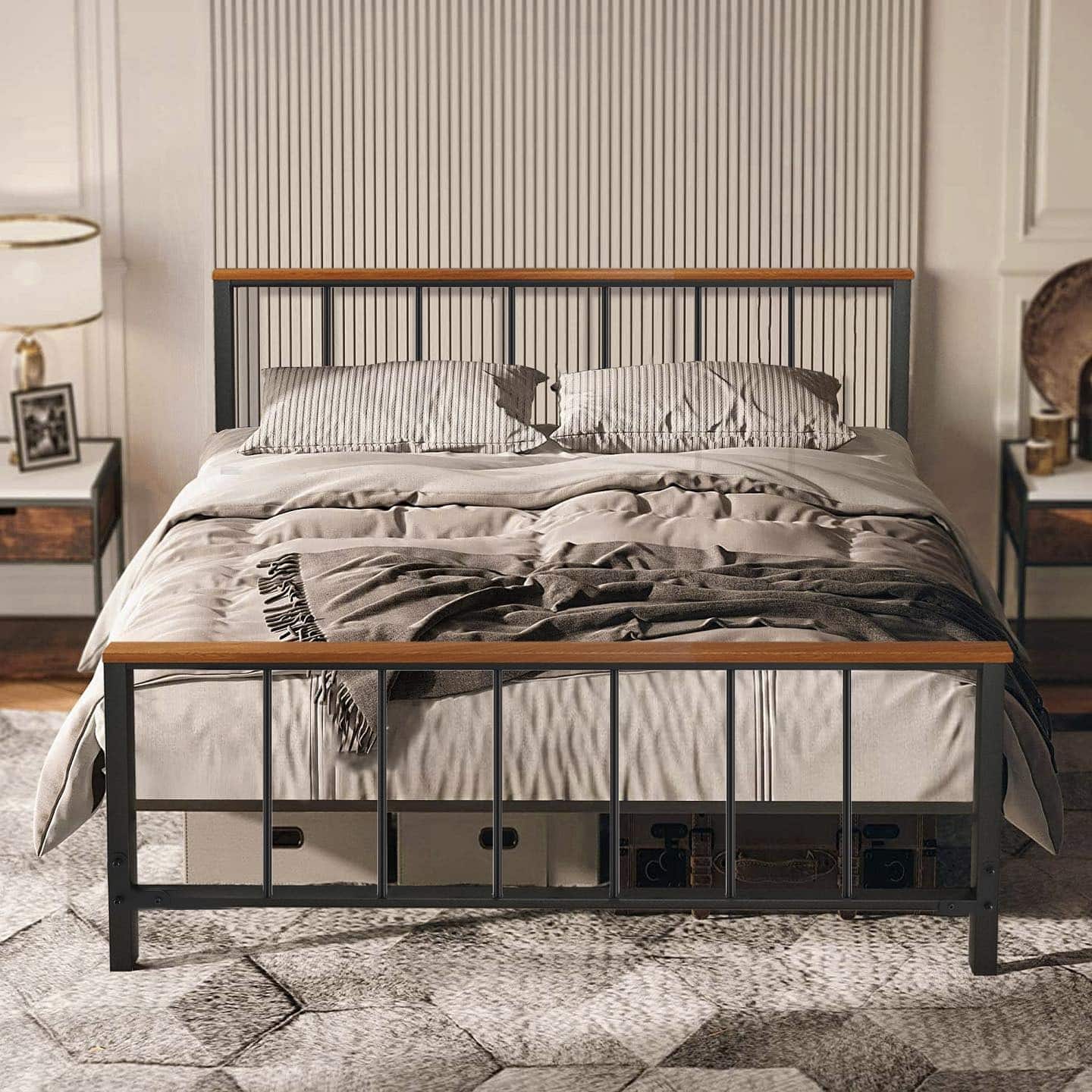 11. Modern Industrial Black with Warm Wood - metal bed frame bedroom ideas