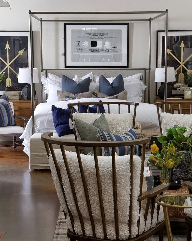 14. Layered Transitional Metal with Cream and Navy - metal bed frame bedroom ideas