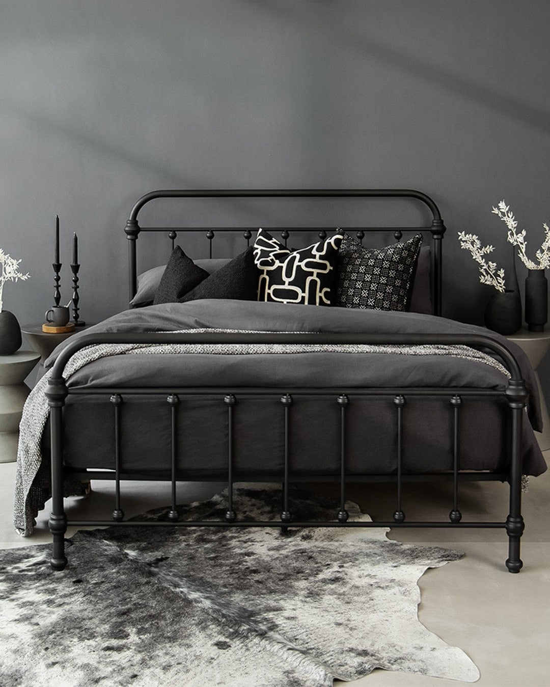 16. Monochrome Black Metal with Textured Grays - metal bed frame bedroom ideas