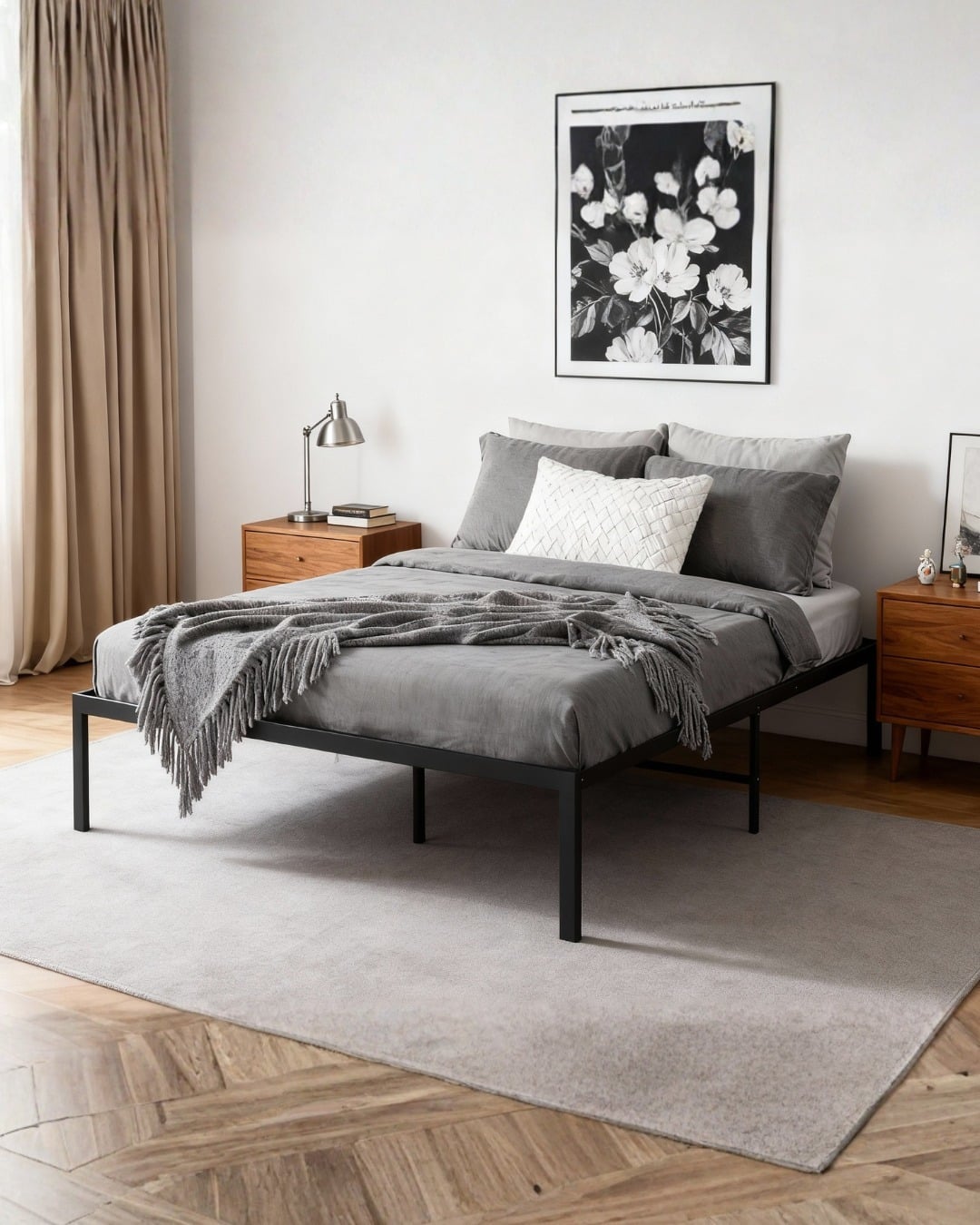 19. Minimal Platform Black with Soft Gray - metal bed frame bedroom ideas