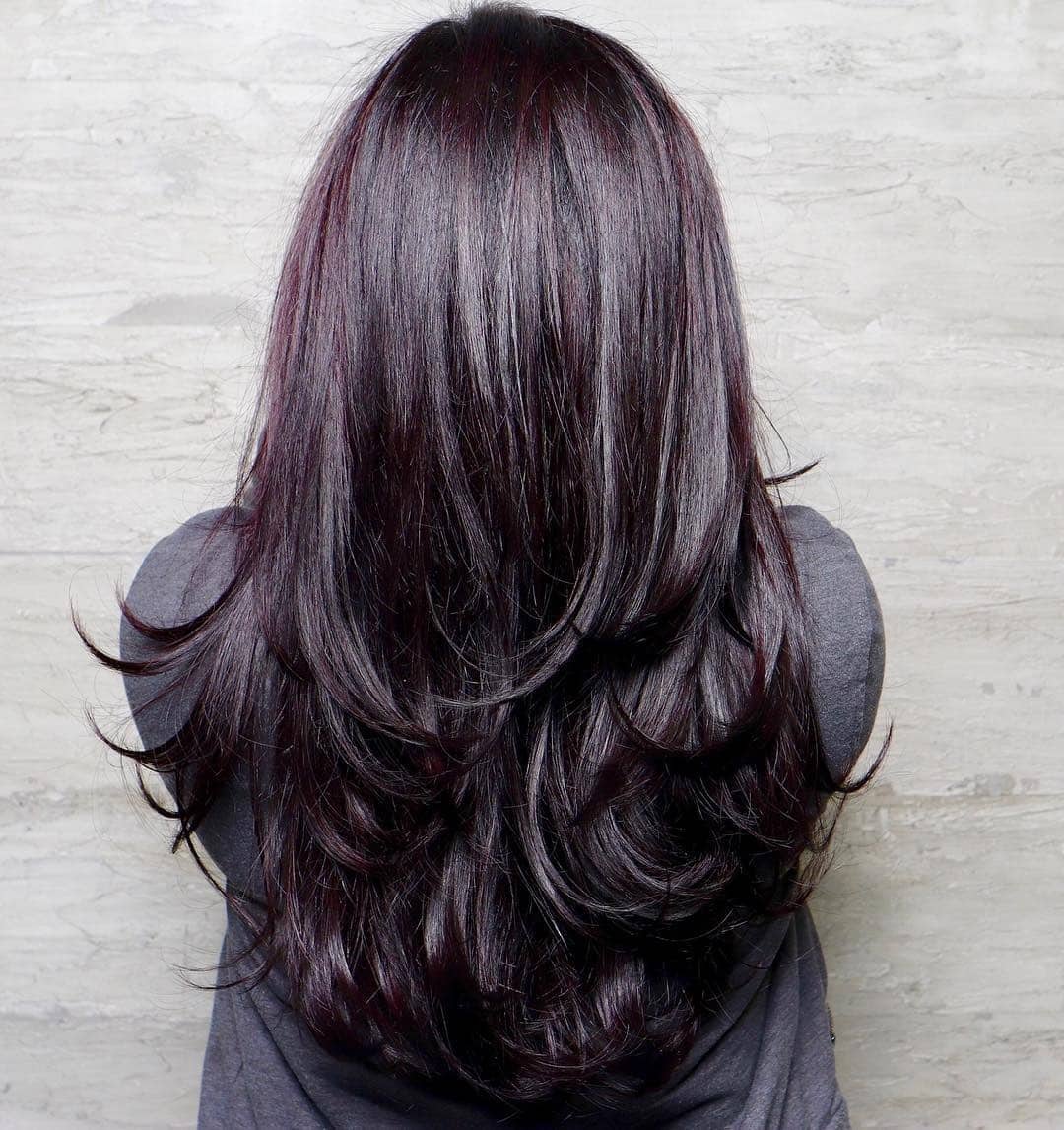 21. Layered Black Cherry Feathered Finish - Black Cherry Hair Color