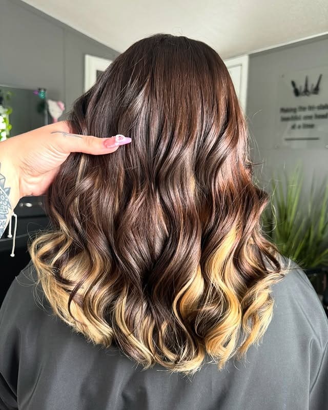 3. Rich Chocolate Lob with Warm Blonde Accents - Brown Hair with Highlights