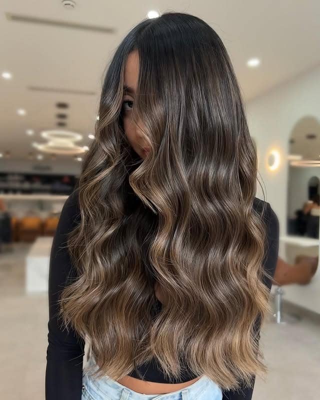 5. Long Brunette Waves with Taupe Highlights - Brown Hair with Highlights