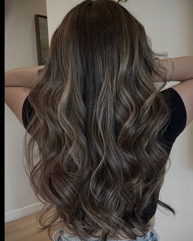 14. Neutral Brunette Waves with Ashy Highlight Placement - Brown Hair with Highlights