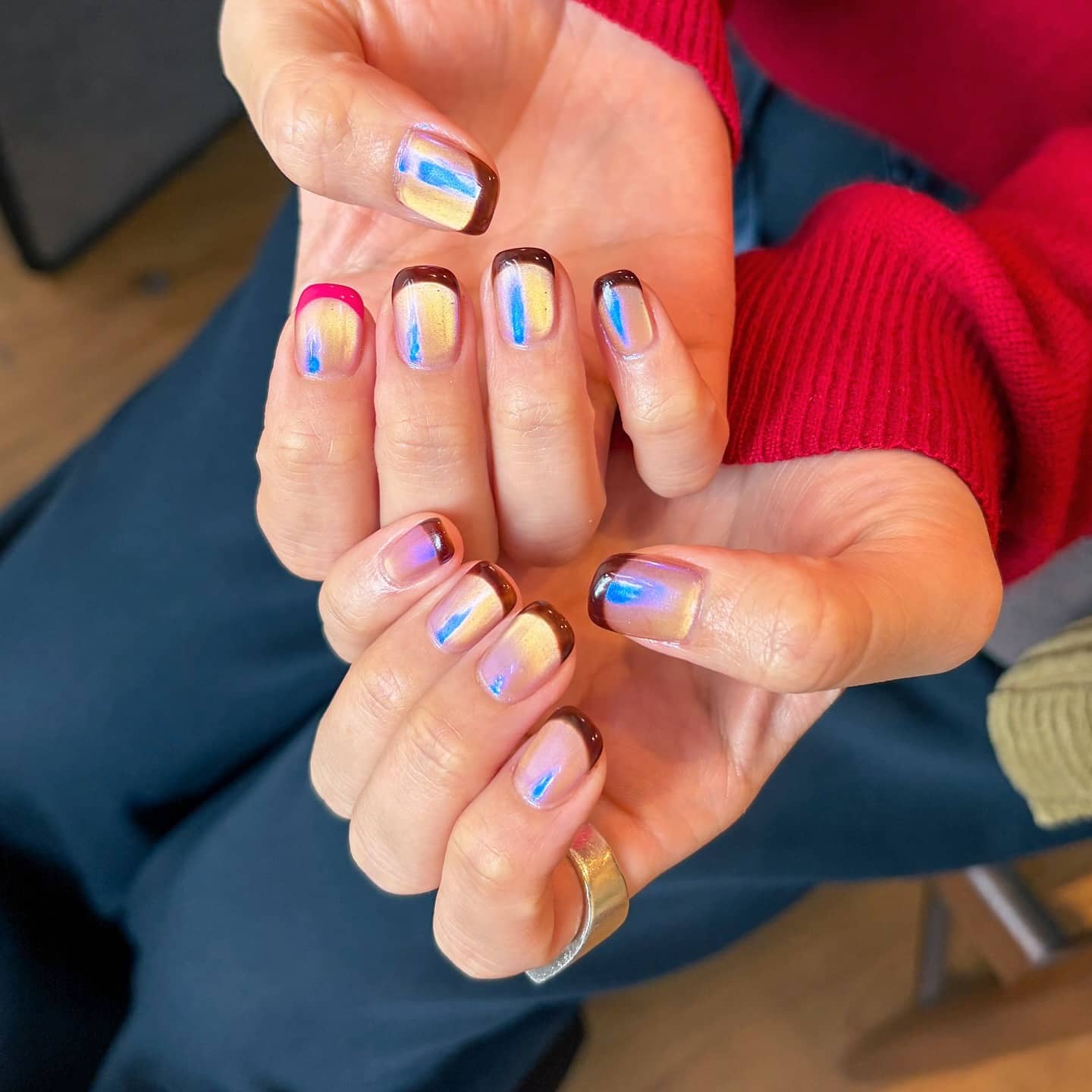 1. Iridescent French with Cocoa Tips - minimal nail ideas