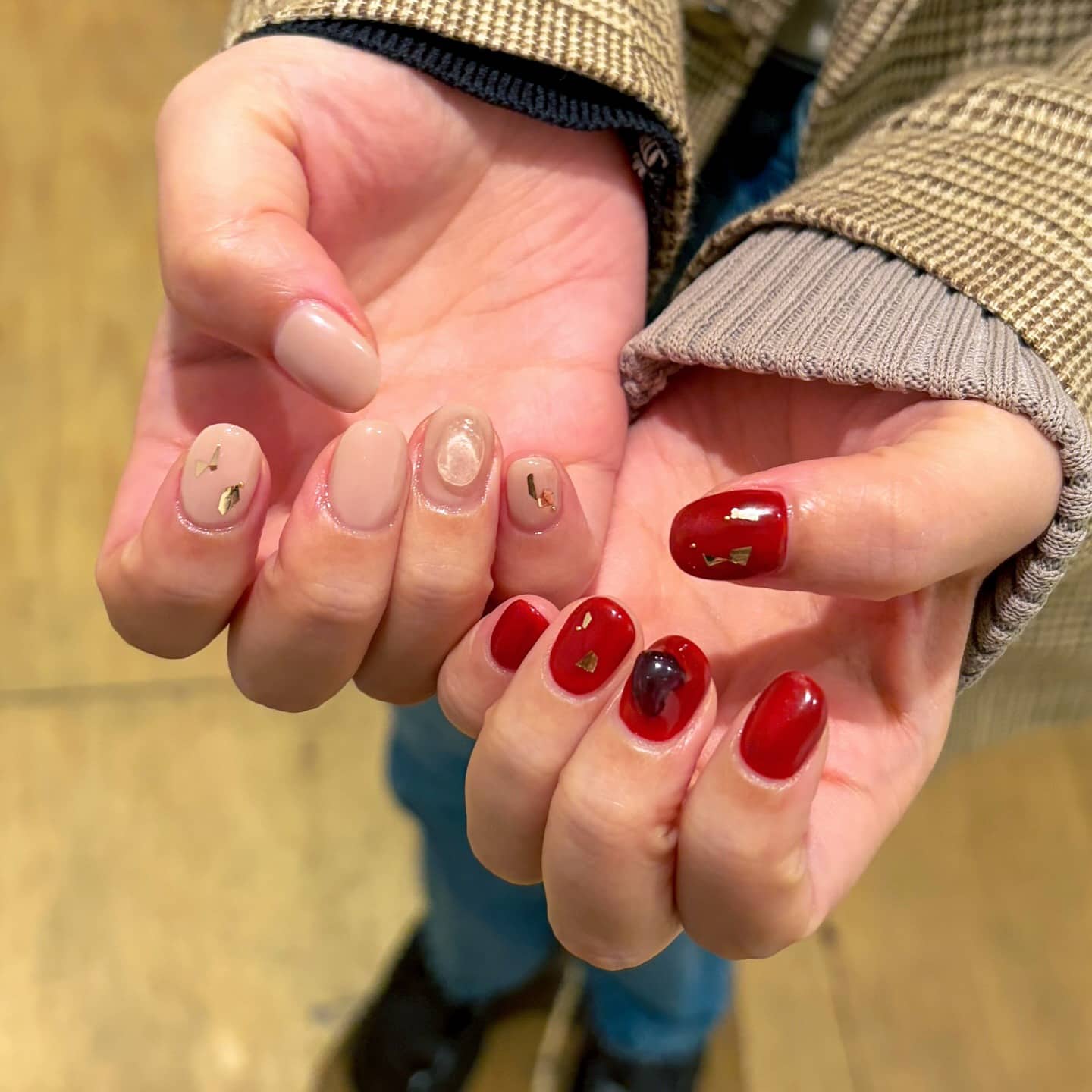 14. Neutral Mix with Glossy Red Accents - minimal nail ideas