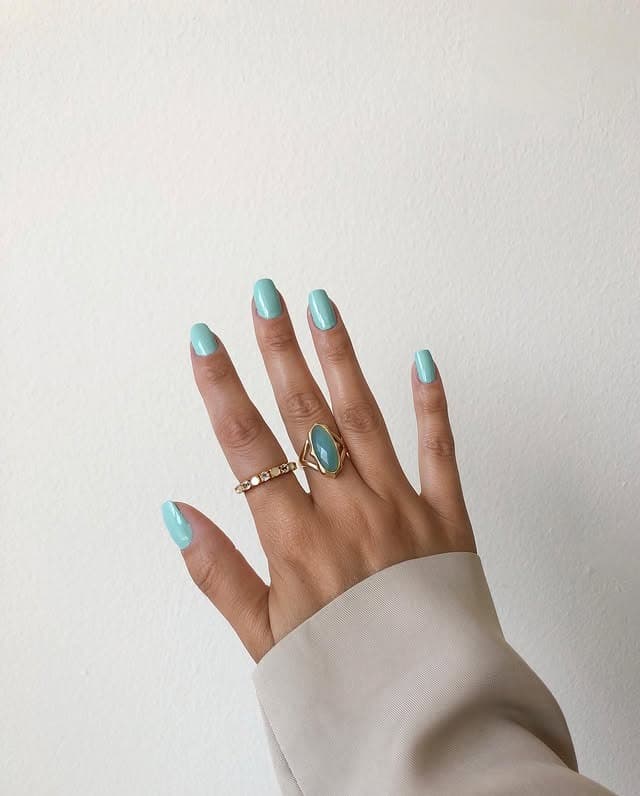 6. Solid Mint Medium Square Nails - mint color nail ideas