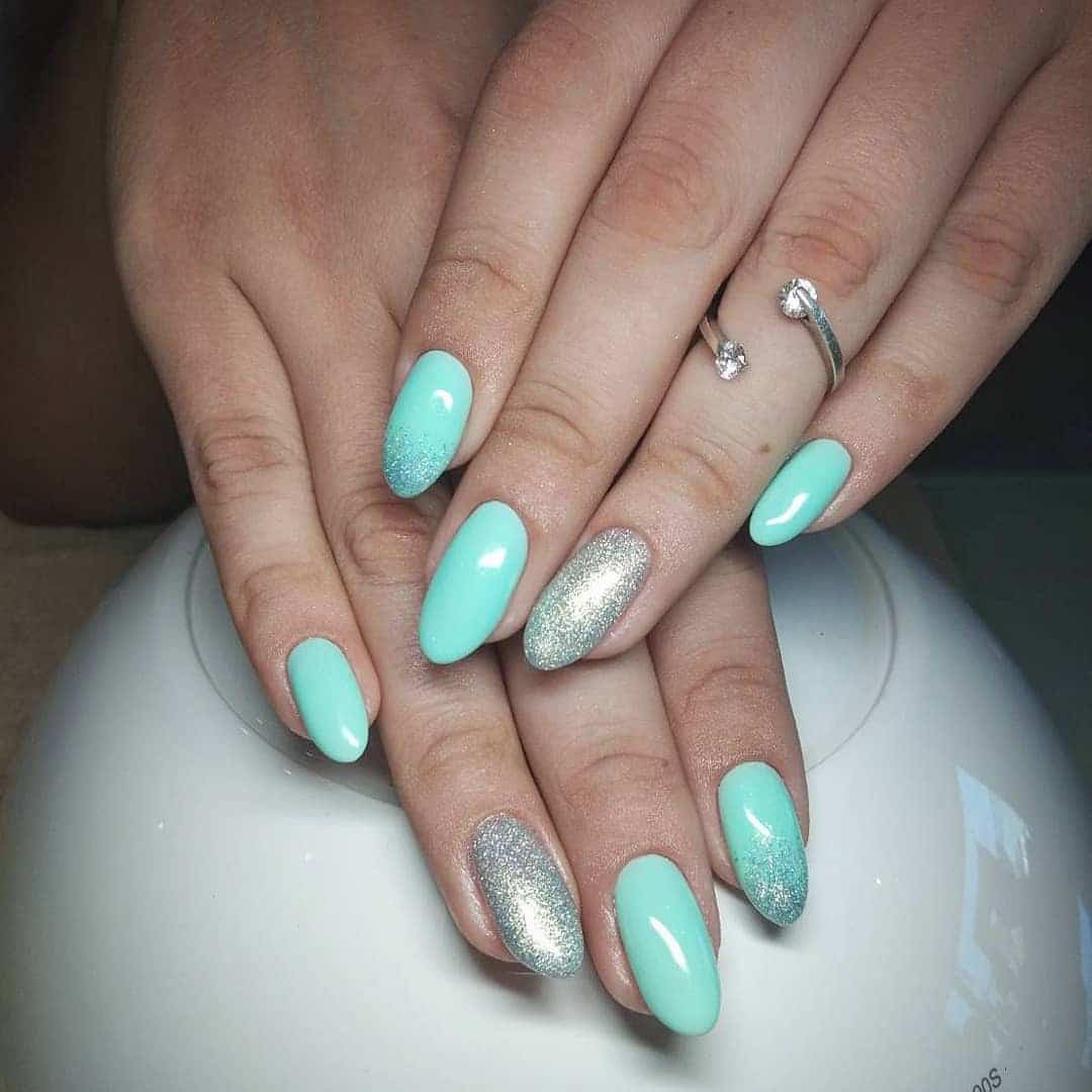 12. Mint and Silver Accent Almond Nails - mint color nail ideas