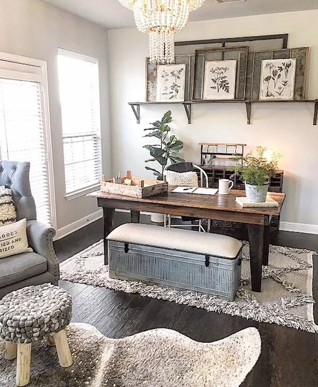 2. Classic Farmhouse Office with Weathered Wood and Neutral Layers - farmhouse office ideas