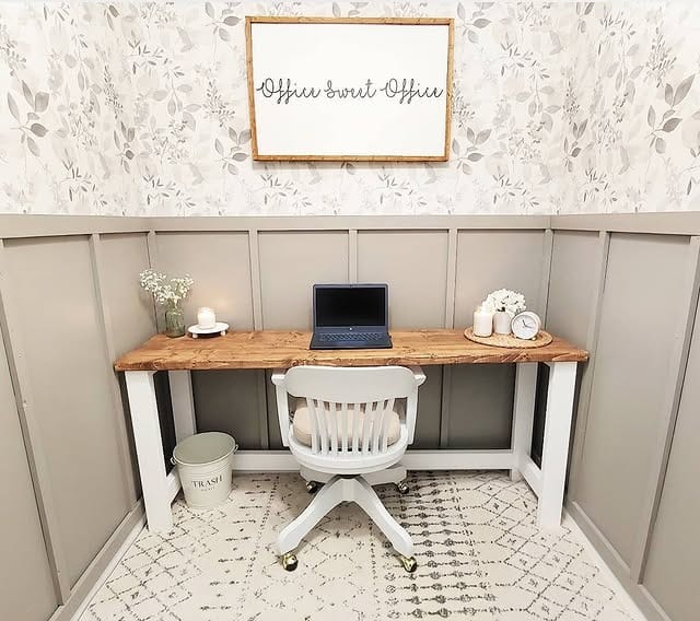 4. Cozy Cottage Office in Beige, Soft Gray, and Natural Wood - farmhouse office ideas