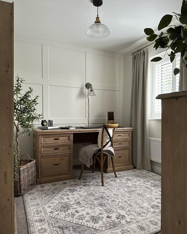 5. Balanced Farmhouse Office with Natural Wood and Linen Neutrals - farmhouse office ideas