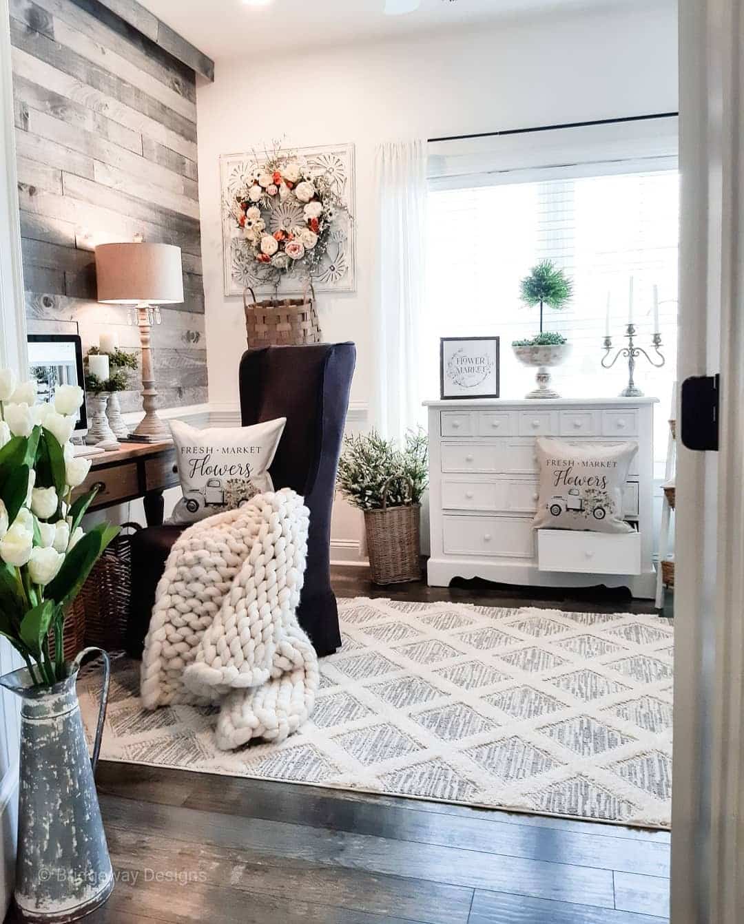 6. Romantic Farmhouse Office with Soft White, Charcoal, and Vintage Accents - farmhouse office ideas