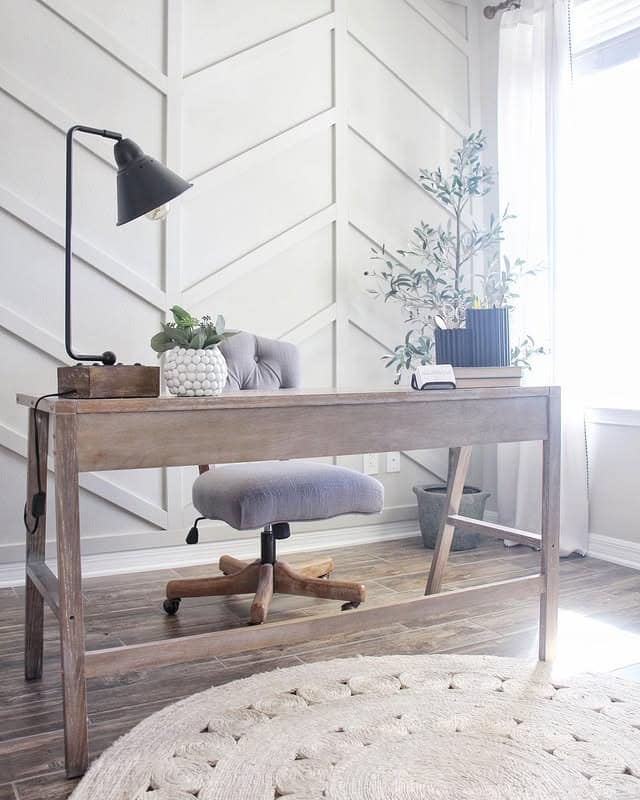 7. Modern Farmhouse Office with Chevron Wall and Warm Gray Tones - farmhouse office ideas