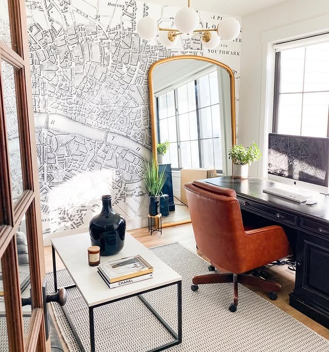 8. Elevated Farmhouse Office with Tailored Wood and Neutral Rugs - farmhouse office ideas