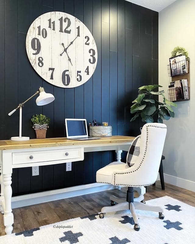 10. Statement Farmhouse Office with Deep Blue Paneling and Warm Wood - farmhouse office ideas