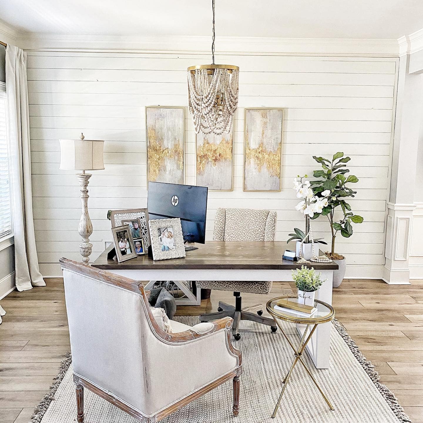 13. Elegant Farmhouse Office with White Shiplap and Warm Neutrals - farmhouse office ideas